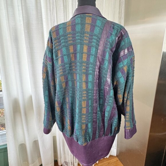 Vintage 80s blazer, purple, teal knit, leather lapels, waist band & cuffs, 10/12 - Picture 6 of 14